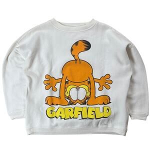 Vintage Garfield Sweater Men's White Cartoon Crewneck Knit Pullover Large